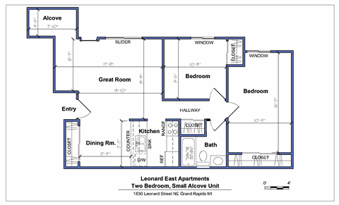 Floor plan for 2 beds, 1 bath, 850 sqft